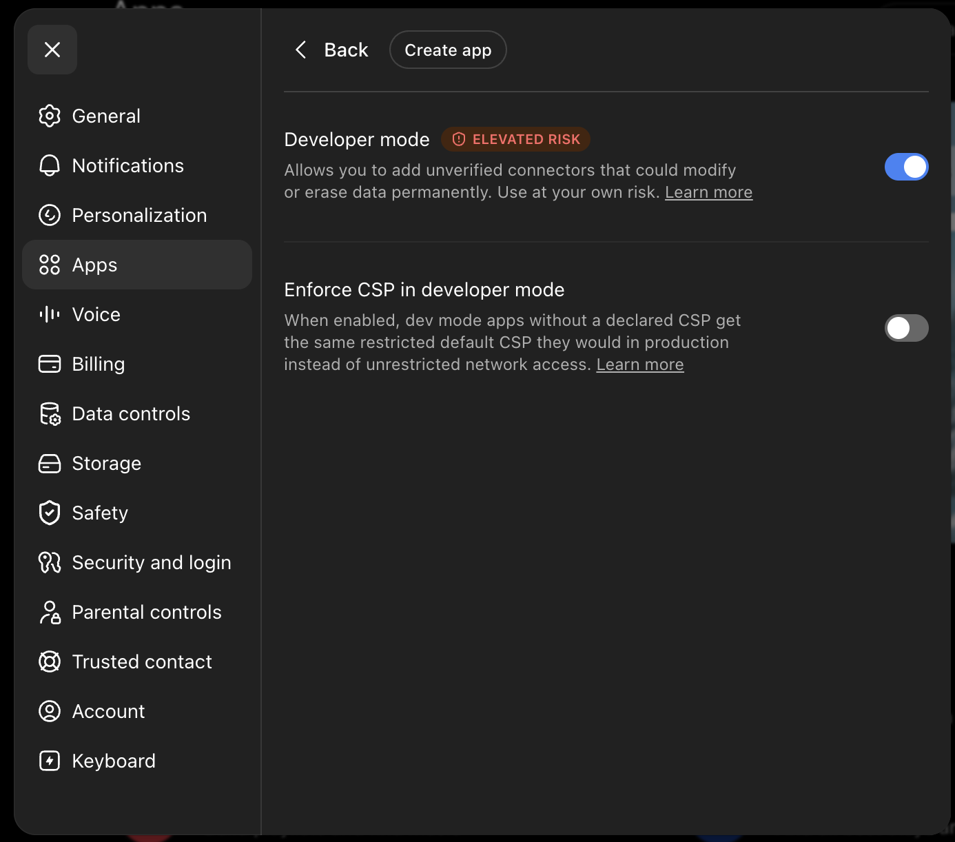 ChatGPT Turn on developer mode screenshot
