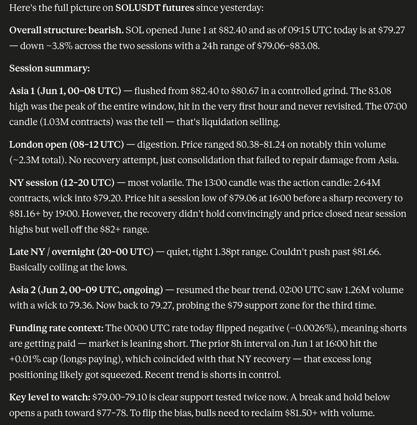 SOLUSDT proof screenshot 3 showing the written SOLUSDT session summary from VibeTrader.